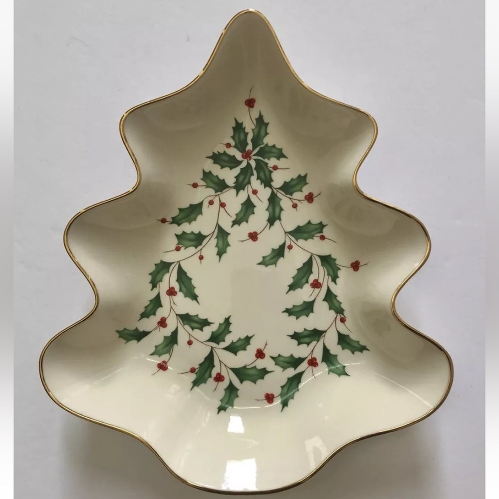 Lenox Christmas Ornaments HOLIDAY Tree Candy Dish Holly Berry Gold Trim Ps2